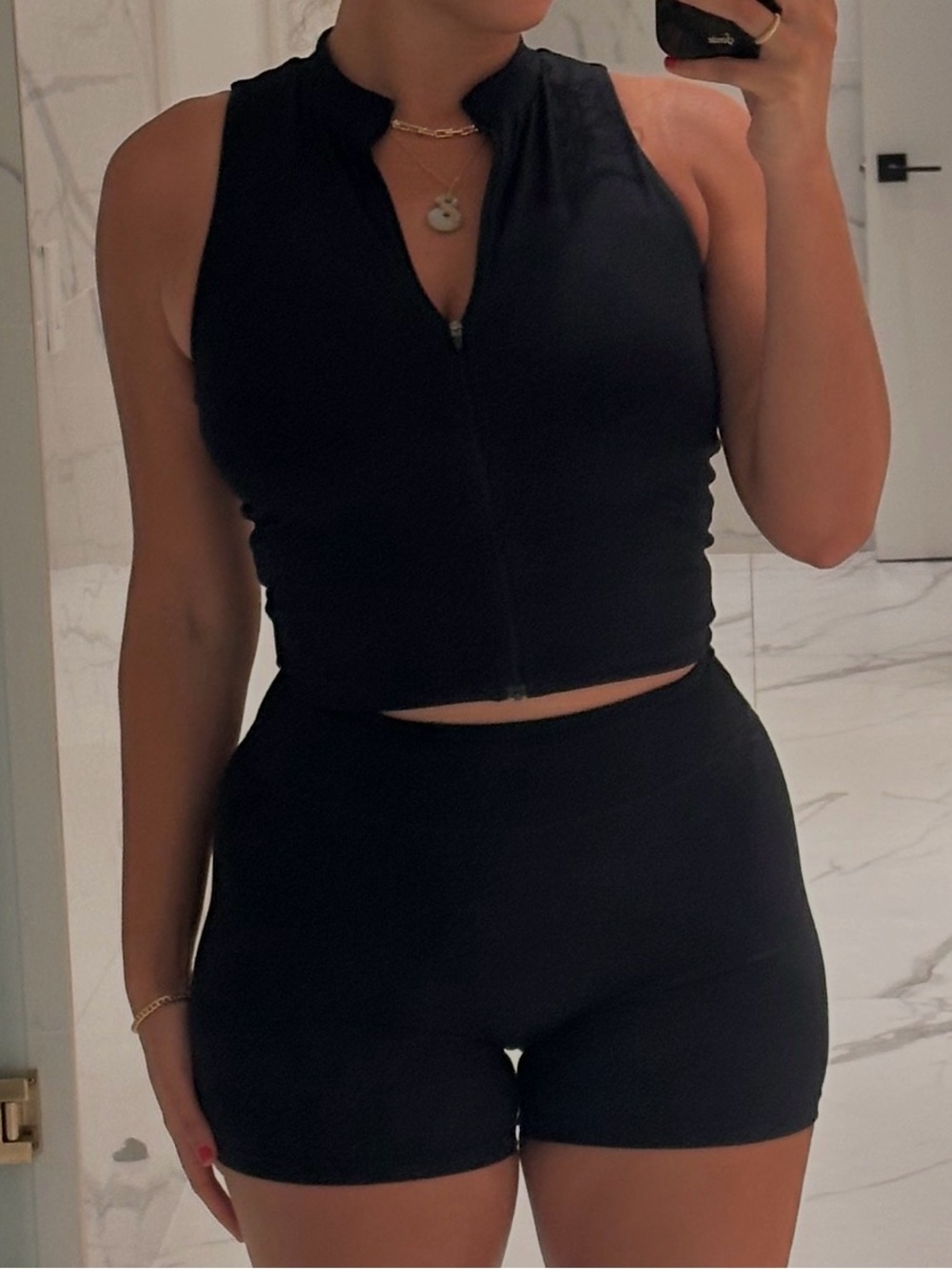 Black Sleeveless Zip-Front Crop Top and Short for Women
